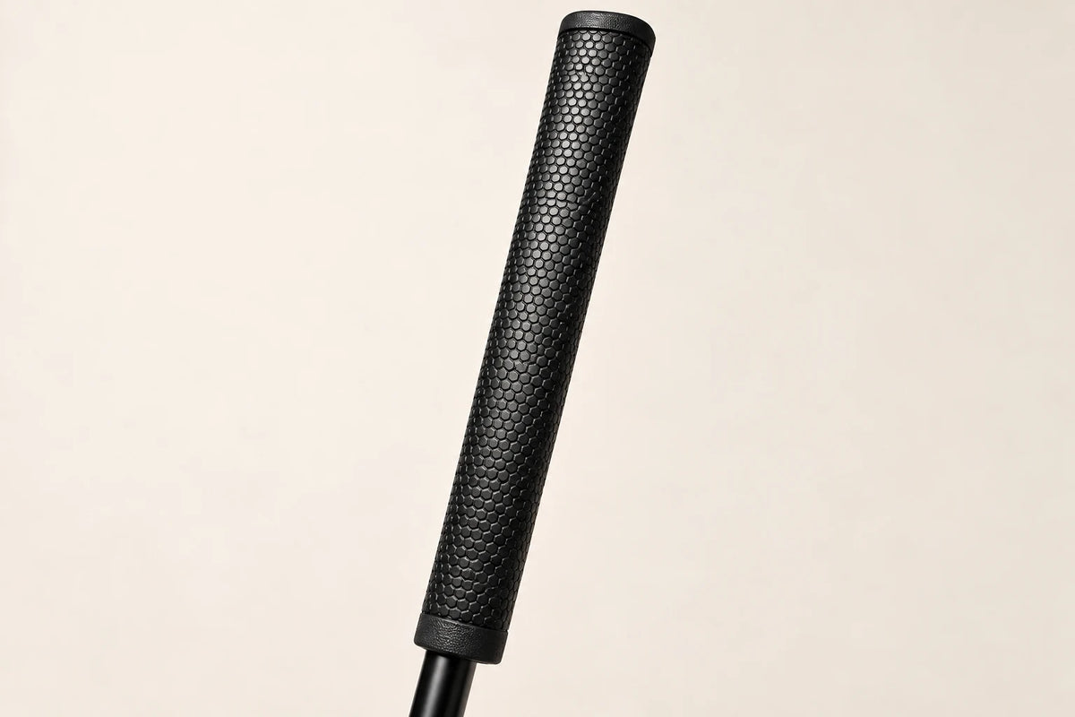 Close up of the black PU grip on the Heron 01, showing its honeycomb texture